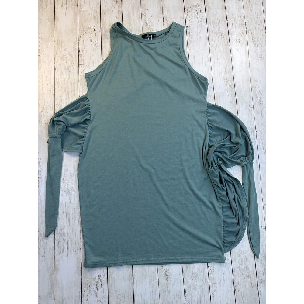 Lillusory Womens Tunic Top Shirt XL Green Cold Shoulder Long Sleeve Ruched Tie
